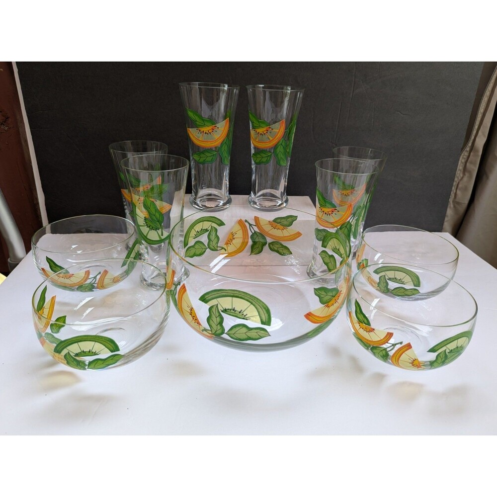 Vintage Libbey Style Yellow Lemon Green Lime Slice Glass Punch Bowl Salad Set